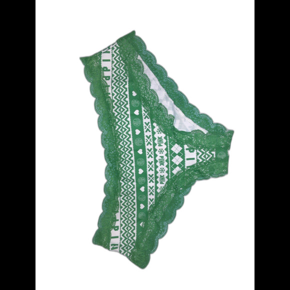 Victoria's Secret Pink  XXL Green Lace-Trimmed Holiday Print Hipster NWT - Picture 2 of 5